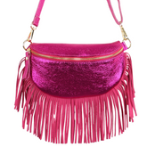 Sophia Fuchsia  Half Moon Leather Crossbody Bag With Fringe Trim
